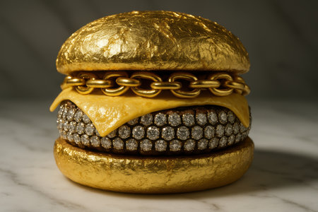 Luxurious gourmet hamburger with golden bun, diamond studded patty, cheese slice, and gold chain accent on marble surface.の素材