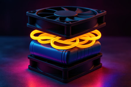 Modern computer cooling fans with vibrant neon led light rings and compact hardware components on a dark futuristic surface.の素材