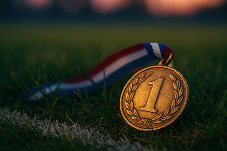 Gold first place medal with red, white, and blue ribbon lying on grass field at sunset, symbolizing victory and achievement.の素材