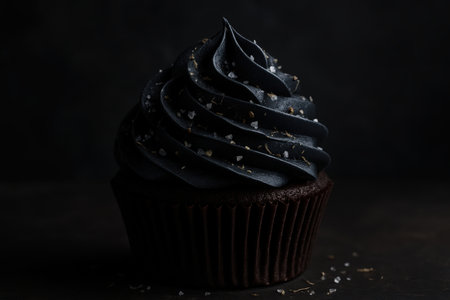 Chocolate cupcake with black frosting topped with coarse sea salt flakes in dramatic moody lighting against a dark background.の素材