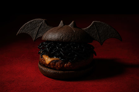Creative black hamburger with bat shaped bun and dark toppings on red background for halloween themed cuisine and festive food concepts.の素材