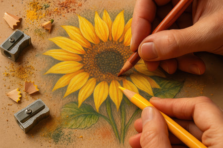 Artist skillfully drawing vibrant sunflower with colored pencils, detailed botanical artwork, hands creating floral sketch.の素材