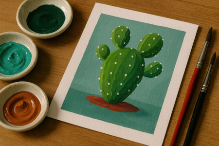 Creative cactus painting on textured paper with paintbrushes and vibrant color palette, modern handmade botanical artwork.の素材