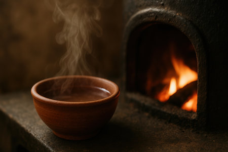 Steam rising from hot clay bowl on rustic stove with fire burning inside, cozy warm atmosphere in traditional kitchen setting.の素材