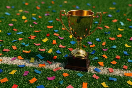 Golden championship trophy standing on green grass field with colorful confetti celebrating sports achievement and victory.の素材