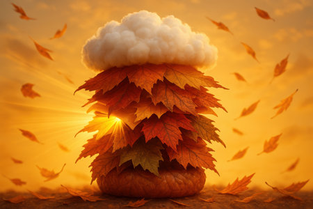 Creative fast food concept assembled with non food materials in a surreal composition, autumn leaves and cloud on orange background.の素材
