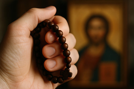 Close up of hand holding wooden orthodox prayer beads with religious icon in background, symbolizing faith and devotion in tradition.の素材