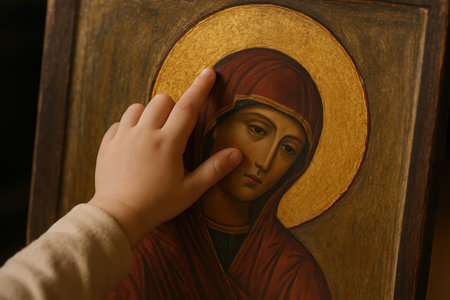 Child's hand gently touching orthodox religious icon of virgin mary with golden halo symbolizing faith, innocence, and tradition.の素材