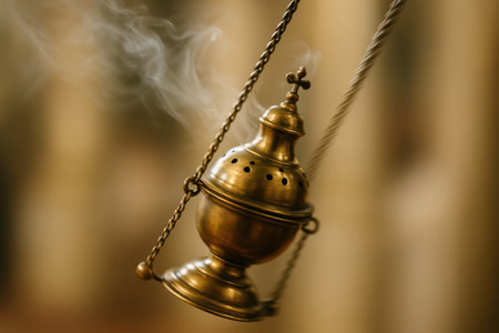 Orthodox censer emitting incense smoke during religious ceremony, spiritual ritual symbolizing purification and sacred tradition.の素材