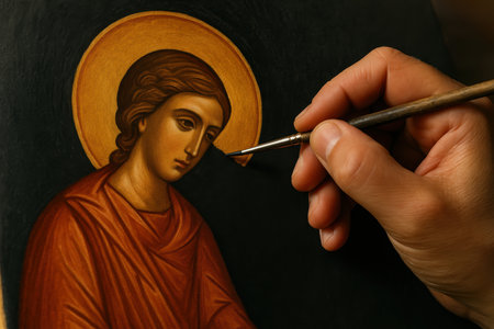 Artist delicately paints a religious icon of a saint with a golden halo, showcasing traditional craftsmanship and reverent detail.の素材