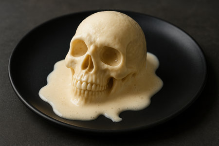 Melting vanilla ice cream sculpted as a realistic human skull on a black plate with dramatic moody lighting.の素材