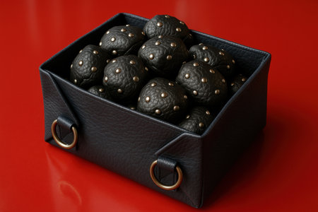 Modern black leather luxury storage tray filled with studded textured orbs on vibrant red surface, elegant decorative container.の素材