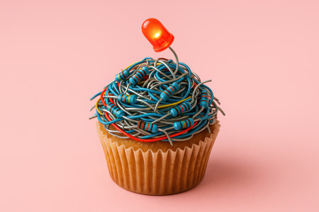 Cupcake topped with electronic components and glowing led light on pink background, symbolizing fusion of technology and creativity.の素材