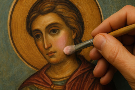Restoring ancient religious icon painting with detail, artist's hand carefully applying fine brushwork to sacred artwork.の素材