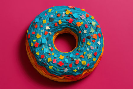 Colorful donut with blue icing and vibrant confetti sprinkles on a bright pink background, highlighting playful dessert trends.の素材