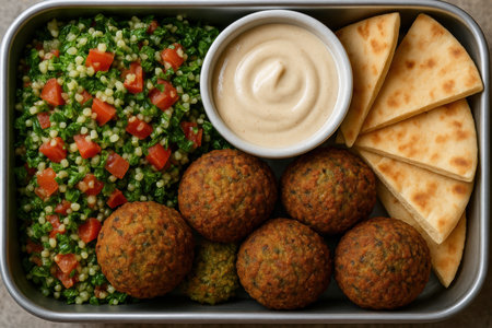 Fresh mediterranean falafel meal with pita, creamy hummus dip, and vibrant tabbouleh salad in a metal lunchbox container.の素材