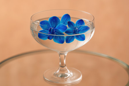 Blue orchid flowers floating in clear water inside an elegant transparent glass on a reflective table with warm background.の素材