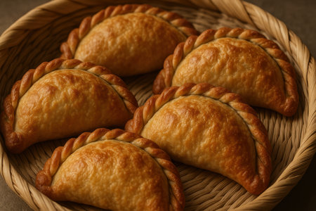 Golden baked empanadas arranged in a woven basket on a rustic table, showing crisp texture and homemade craftsmanship.の素材