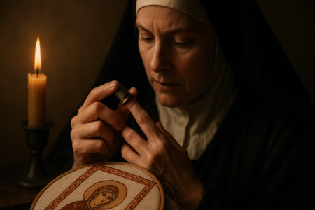 Focused nun embroidering religious icon by candlelight, delicate hands sewing inspirational sacred textile art in tranquil solitude.の素材