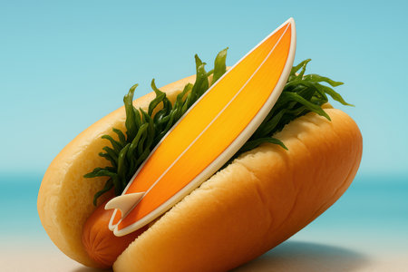 Quirky summer concept featuring a hot dog bun with seaweed and a bright surfboard at the beach under clear blue skies.の素材