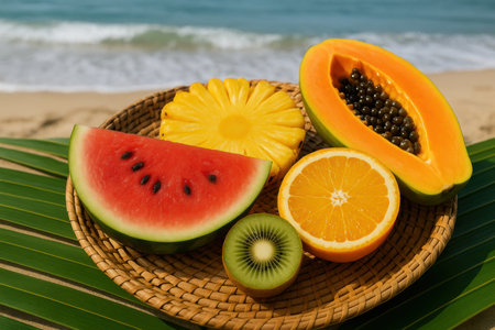 Fresh tropical fruits in a wicker basket on green leaves by the beach, refreshing summer assortment with watermelon, papaya, orange, kiwi.の素材