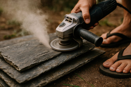 Hand using electric grinder to cut slate stone slabs outdoors, creating dust while shaping material for construction or renovation.の素材