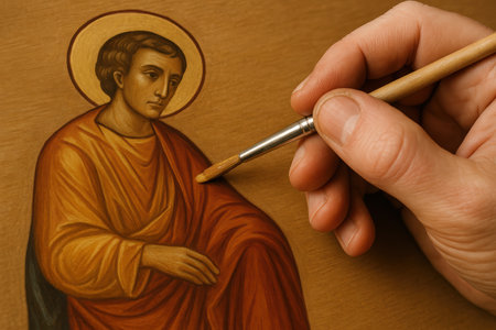 Hand painting traditional religious icon of a saint with gold halo, detailed brushwork on wooden surface in artistic process.の素材