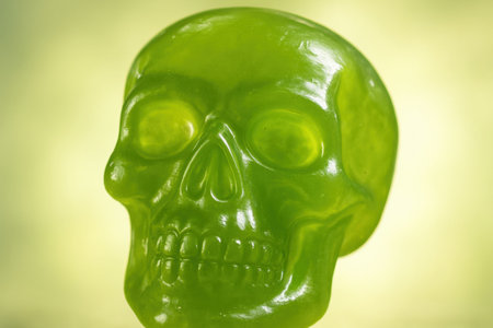 Translucent green skull shaped candy close up on soft gradient background with intricate facial details and glossy texture.の素材