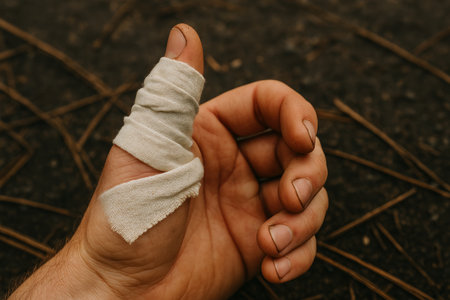 Close up of bandaged injured thumb on a male hand outdoors highlighting first aid action after a cut or accident in a natural setting.の素材