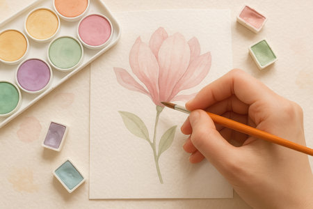 Creative hand painting delicate pink flower with watercolor palette, artistic floral design on paper, relaxing art activity.の素材