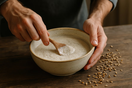 Man preparing traditional porridge with wooden spoon in ceramic bowl on rustic wooden table with scattered grains.の素材