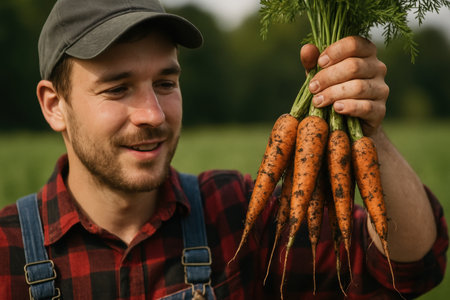 Smiling farmer holding freshly harvested carrots in a rural field, showcasing organic agriculture and sustainable farming practices.の素材