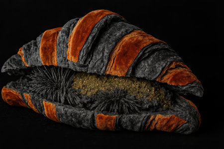 Abstract close up of textured orange and black mineral formation resembling a unique geological sandwich shape on black background.の素材