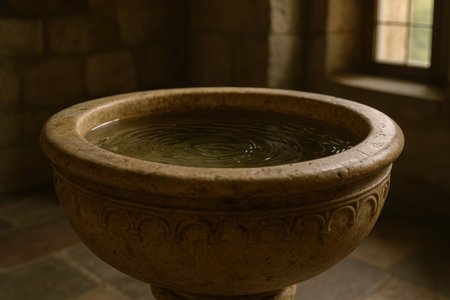 Ancient stone baptismal font filled with water in a dimly lit church interior, symbolizing orthodox religious tradition and ritual.の素材