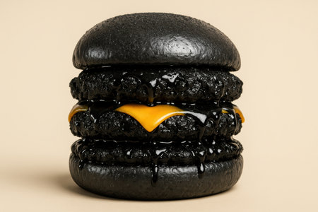 Double black charcoal burger with cheddar cheese and juicy beef patties on minimal beige background highlighting gourmet fast food.の素材