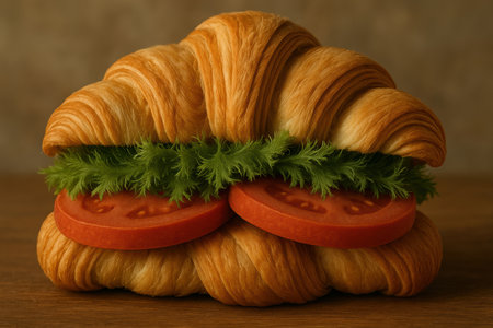 Freshly baked croissant sandwich filled with crisp green lettuce and juicy tomato slices on a rustic wooden table.の素材