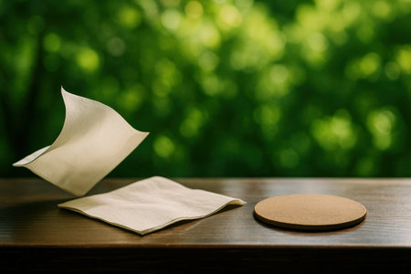 White paper napkins flying on wooden table next to cork coaster, outdoor natural green blurred background.の素材