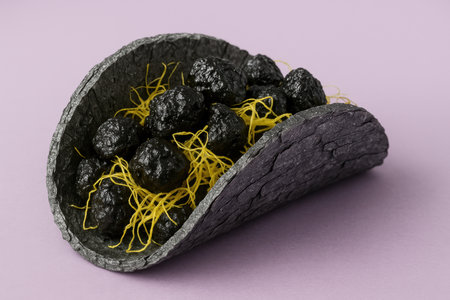 Black charcoal taco shell filled with dark meatballs and yellow crispy noodles on pastel purple background, modern creative food.の素材