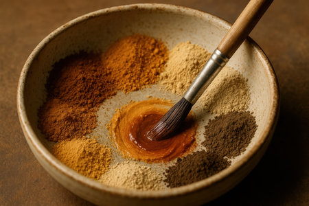 Selection of colorful ground spices in a rustic bowl being mixed with a brush for cooking, highlighting vibrant natural powders.の素材