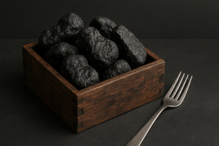 Natural black charcoal pieces arranged in a wooden box beside a metal fork on a dark minimalist background.の素材