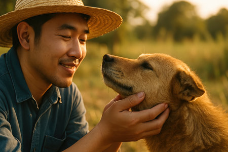 Smiling man with straw hat gently holding a happy brown dog outdoors in warm golden sunlight, expressing friendship and care.の素材