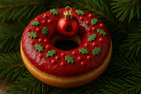 Festive red christmas donut decorated with holly leaves and holiday ornament on evergreen pine branches.の素材