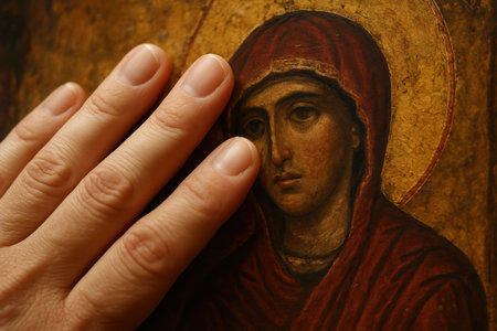 Close up of a hand touching an orthodox religious icon, highlighting faith, tradition, and spirituality in sacred worship practice.の素材