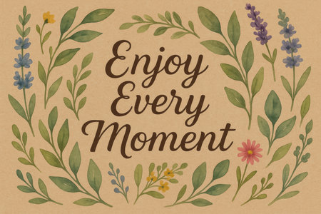 Inspirational hand lettered message surrounded by watercolor floral leafy branches on brown textured background for motivation.の素材