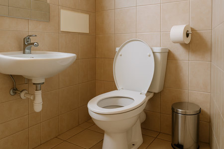 Modern ceramic toilet and compact sink in beige tiled bathroom interior with wall mounted toilet paper holder and metallic bin.の素材