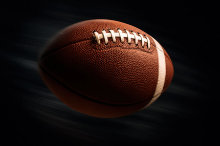Close up of flying american football with white laces, ball in motion on dark background, dynamic sports concept.の素材