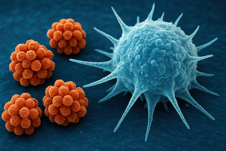 Microscopic view of spiky blue virus cell surrounded by clusters of round orange pathogens on textured dark blue background.の素材