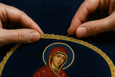 Hands skillfully embroidering golden thread on dark fabric, creating intricate religious icon of serene woman with halo.の素材