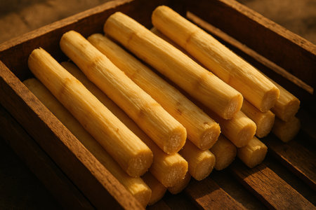 Freshly harvested sugarcane sticks arranged neatly in a wooden crate under warm natural sunlight, highlighting their fibrous texture.の素材