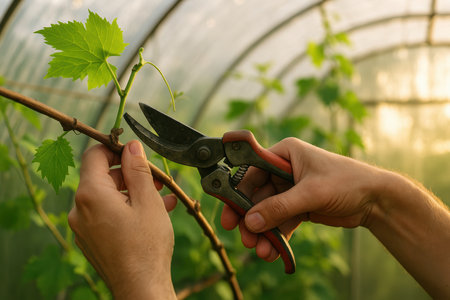 Gardener carefully pruning grapevine branch in greenhouse during spring season for healthy growth and abundant future harvests.の素材